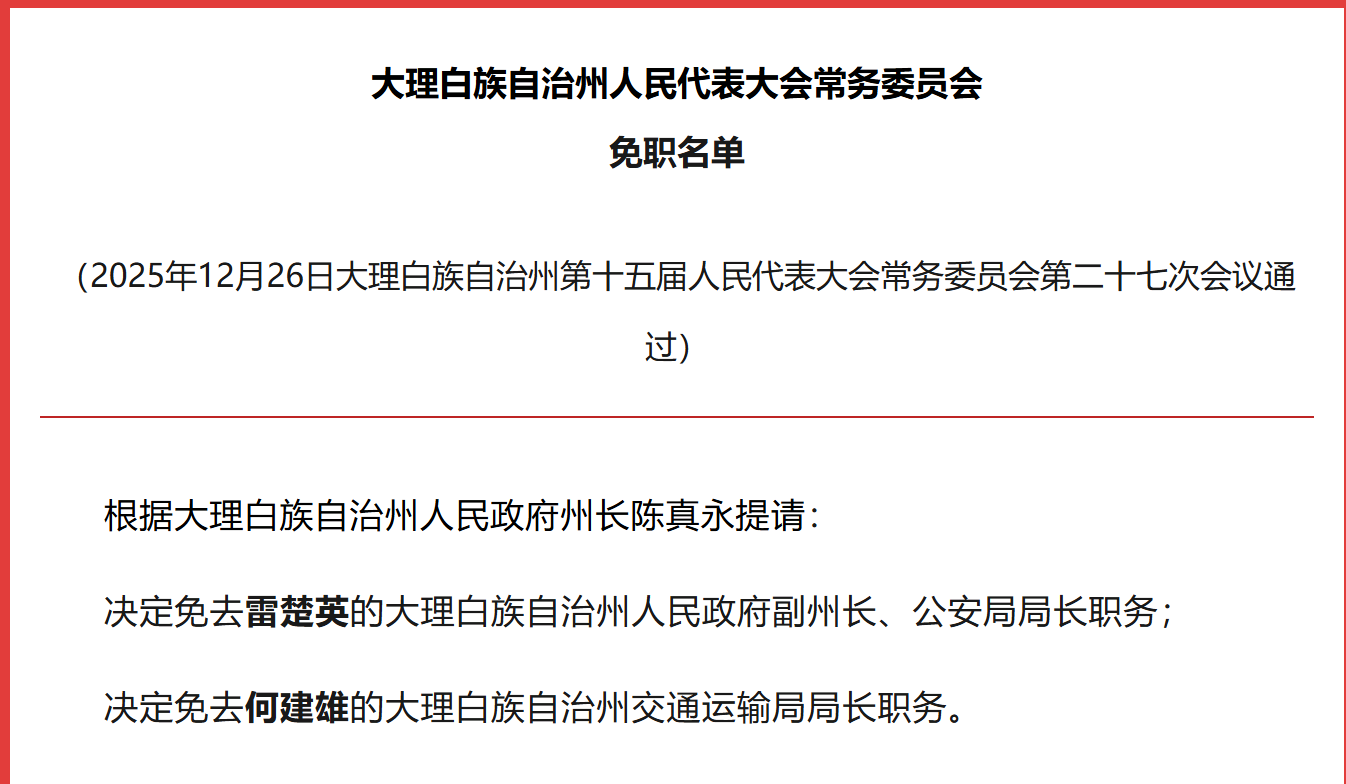 涉及18人！大理白族自治州人民代表大会常务委员会任免名单