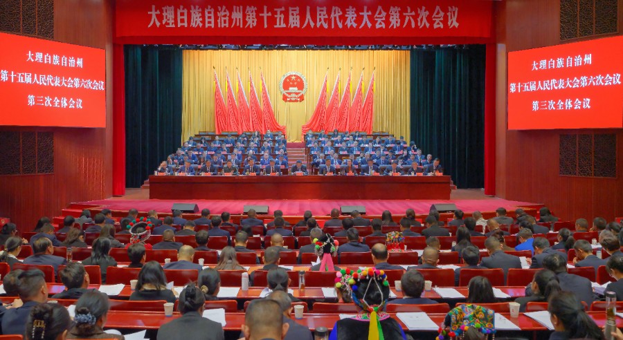 州十五届人大六次会议闭幕   杨国宗讲话 陈真永陈汉出席 张剑萍主持 程鹏等在主席台就座 通过关于政府工作报告的决议、关于大理白族自治州国民经济和社会发展第十五个五年规划纲要的决议等